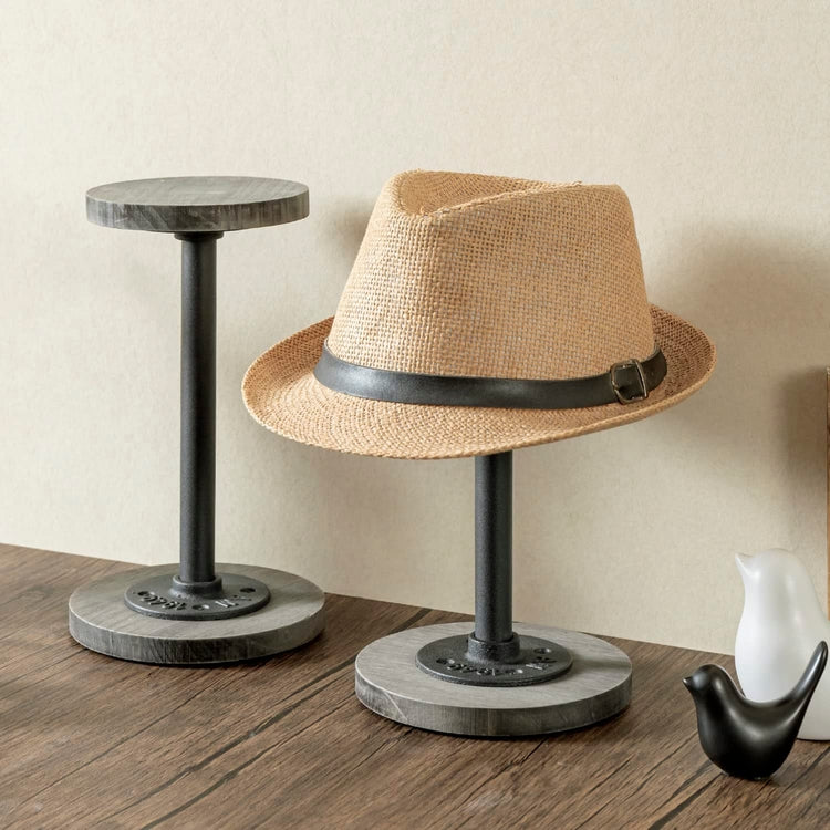 Set of 2, Weathered Gray Wood Hat Stand with Industrial Black Metal Pipe, Tabletop Wig Holder Rack Pedestal Riser-MyGift