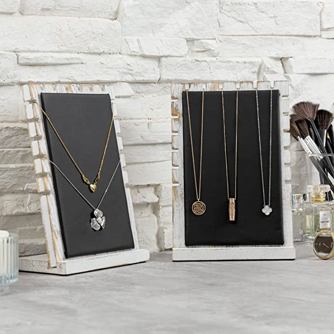 Whitewashed Wood Necklace Display with Black Padded Mat on Removable Board, Tabletop Bracelet Easel Rack, Set of 2-MyGift