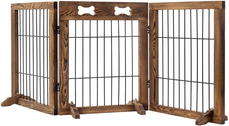 Burnt Solid Wood and Black Metal Wire Portable Small Pet Gate Fence, Foldable 3-Panel Design-MyGift