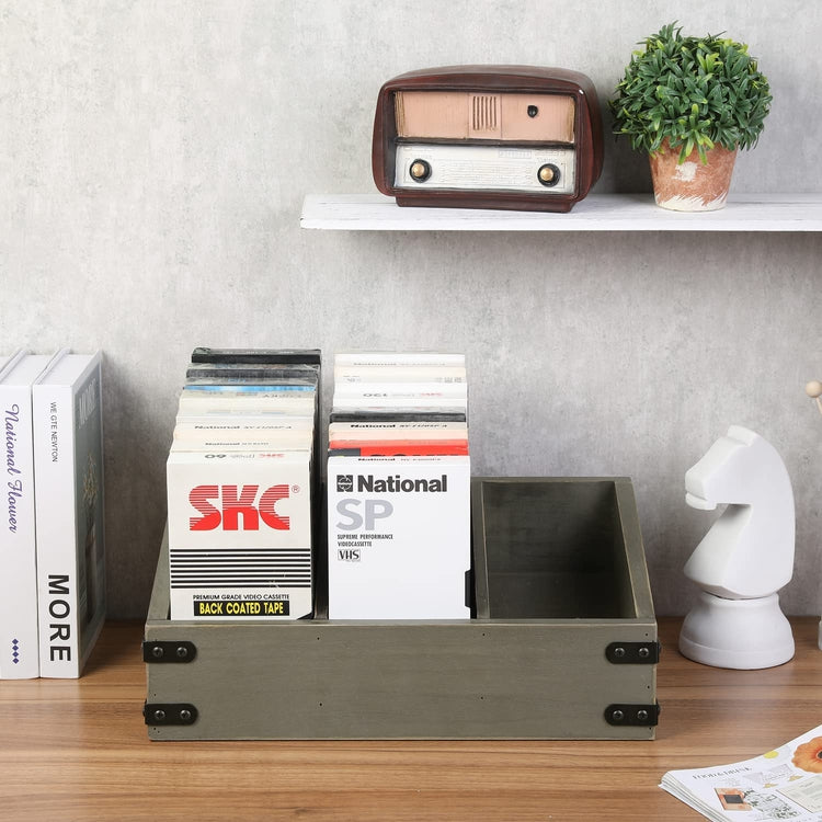 3-Compartment Gray Wood VHS Storage Box, Video Tape Retro Display Holder with Decorative Metal Corner Wraps-MyGift