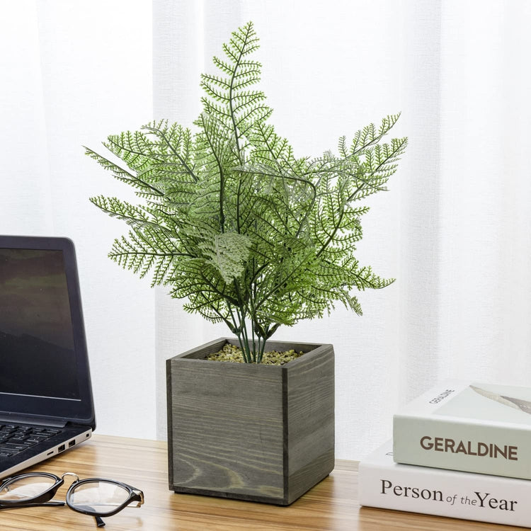 Fake Fern Plant, Artificial Greenery, Maidenhair Potted Faux Fern in Gray Wood Square Planter Pot-MyGift