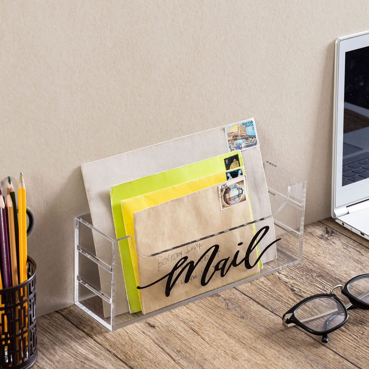 Clear Acrylic Mail Holder with Black Cursive "Mail" Label, Wall Mounted or Tabletop Mailbox, Letter Storage Box-MyGift