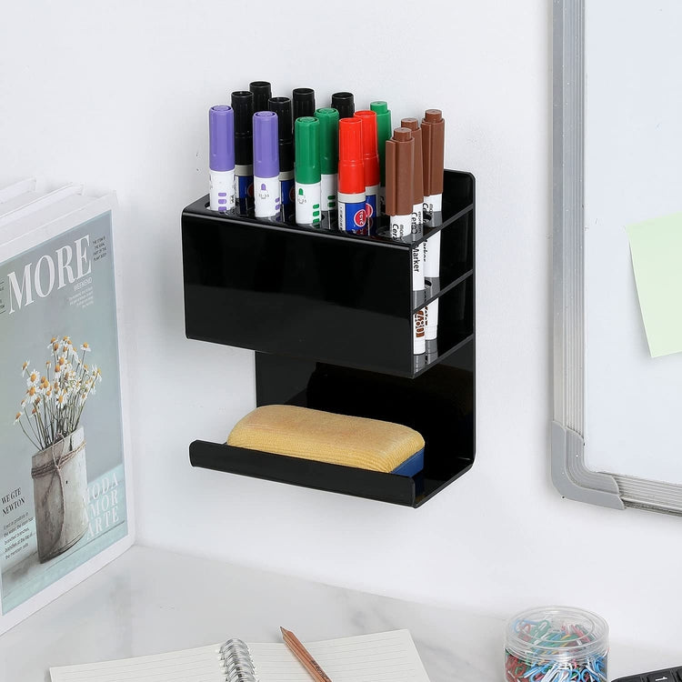 Wall Mounted Tiered Black Acrylic Dry Erase Whiteboard Marker and Eraser Storage Holder Stand-MyGift