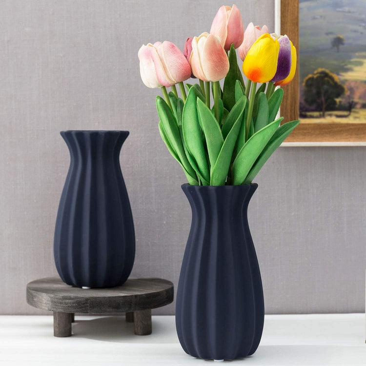 Set of 2, Matte Navy Blue Tulip Design Ribbed Ceramic Flower Vases-MyGift