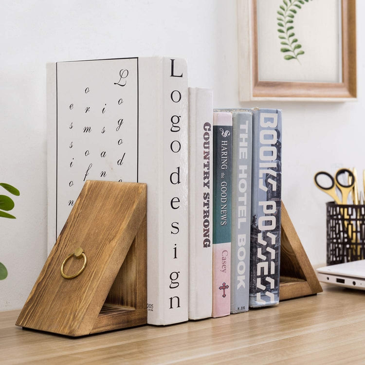 Brown Burnt Wood Triangular Decorative Desktop Bookends with Brass Tone Ring Handle Accents-MyGift