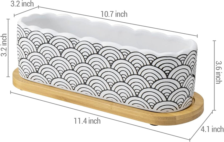 11 Inch Black and White Waves Scallop Edged Glazed Ceramic Planter with Bamboo Tray, Japanese Seigaiha Pattern-MyGift