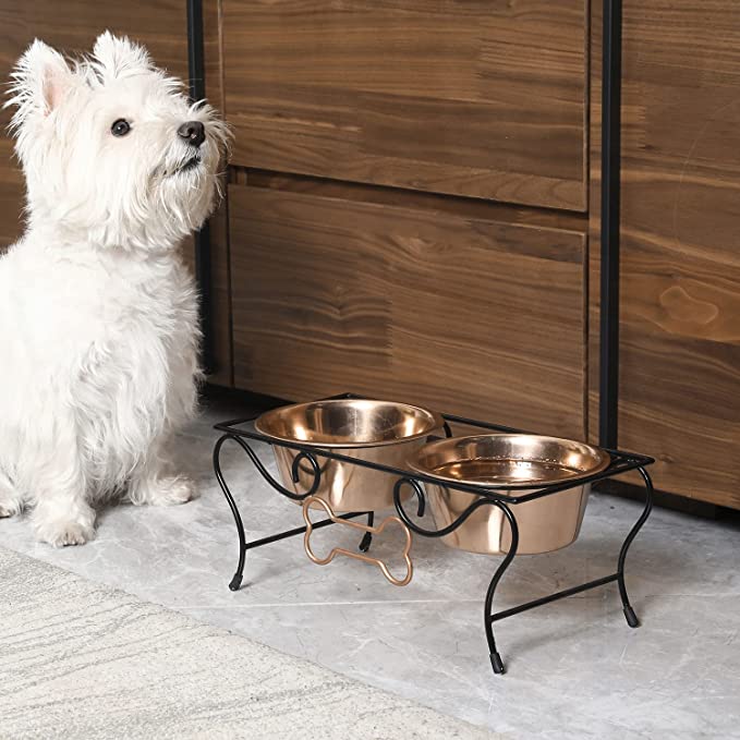 Dog Food Bowl Stand for Small Dogs Pet Feeder, Raised Dog Bowls with Bone Decoration and 2 Copper-MyGift