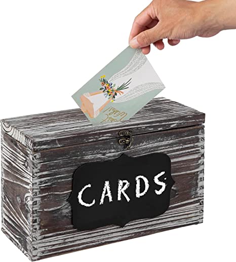Torched Wood Wedding Card Box, Gift Card & Thank You Cards Holder with Slotted Lid, Latch and Chalkboard Label-MyGift