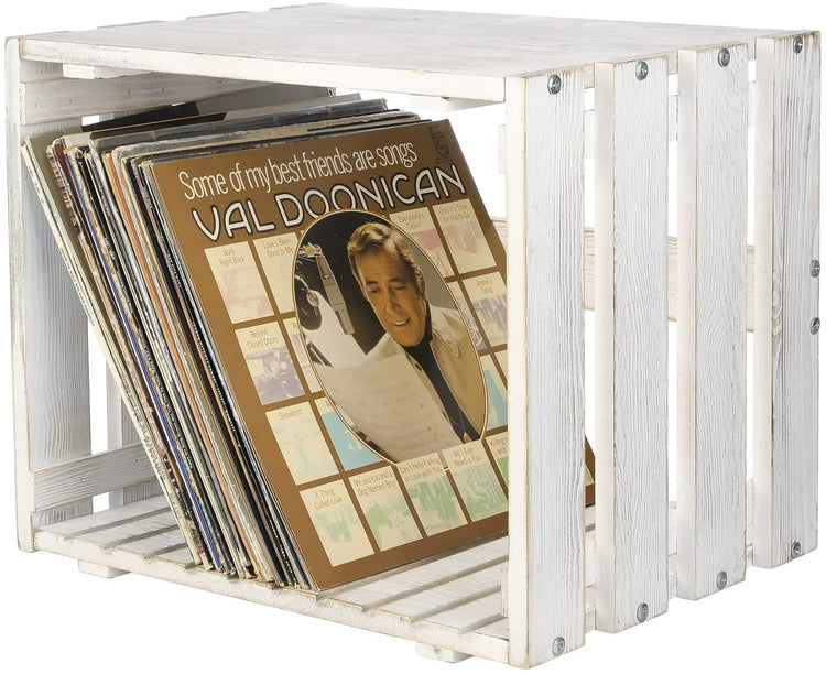 Whitewashed Wood Vinyl Record Storage Box, Crate Style LP Album Organizer Bin-MyGift