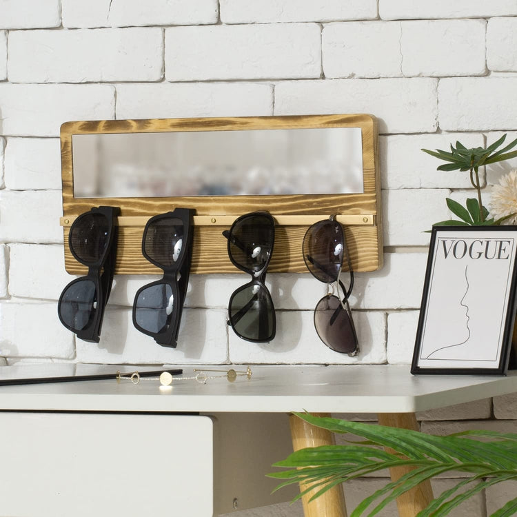 Burnt Wood Wall Mounted Sunglasses Holder Display with Brass Metal Hanging Rail and Vanity Mirror, Retail Eyewear Rack-MyGift