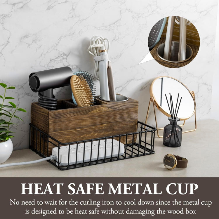 Brown Wood and Black Metal Hair Styling Hot Tools Rack Organizer for Blow Dryer, Flat Iron, Curling Wand-MyGift