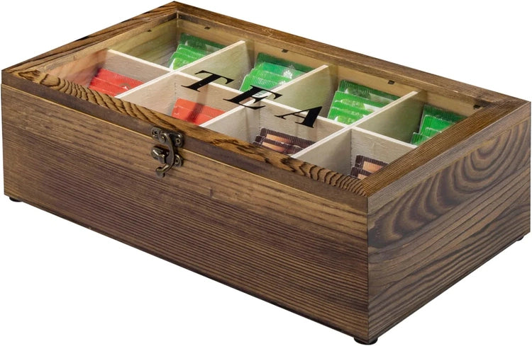 Burnt Brown Wood Tea Bag Organizer Box, Teabag Storage Chest with TEA Lettering on Clear Lid and Vintage Style Latch-MyGift