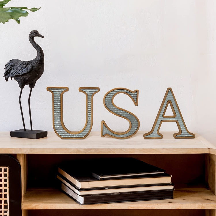 Burnt Wood Cutout USA Letter Wall Sign, Hanging Patriotic Decor Sign with Corrugated Galvanized Metal Design-MyGift