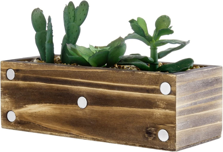 Burnt Wood Mini Magnetic Planter Box with Fake Succulent Plants and White Cursive BLOOM-MyGift