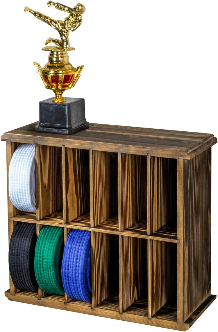 Deluxe 12-Slot Rustic Burnt Wood Wall Mounted Martial Arts Belt Display Storage-MyGift