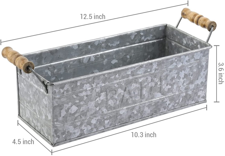 Galvanized Metal Rectangular Storage Basket with Wood Handles, Bathroom Toiletries Holder, Organizer Bin with BATH Label-MyGift