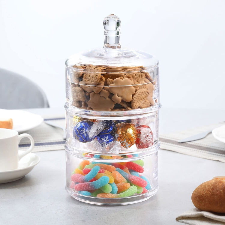 3 Tier Apothecary Glass Stacking Jars, Round Candy Cookie Dessert Holder-MyGift