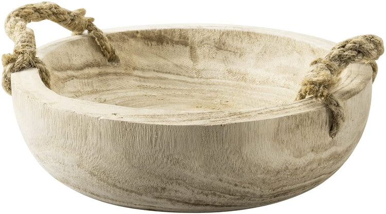 Handmade Paulownia Wood Decorative Round Fruit Bowl with Rope Handles, Serving Bowl Tabletop Home Décor-MyGift