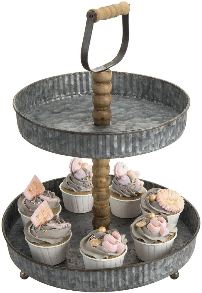 2 Tier Rustic Galvanized Metal Cupcake Display Stand, Dessert Tray with Carved Wooden Handle & Post-MyGift
