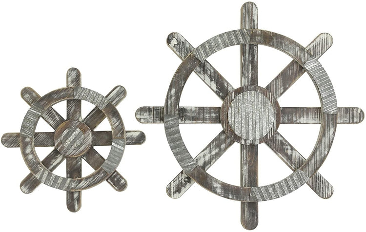 Set of 2, Torched Wood and Galvanized Metal Wall Mounted Boat Steering Wheels, Hanging Nautical Décor-MyGift