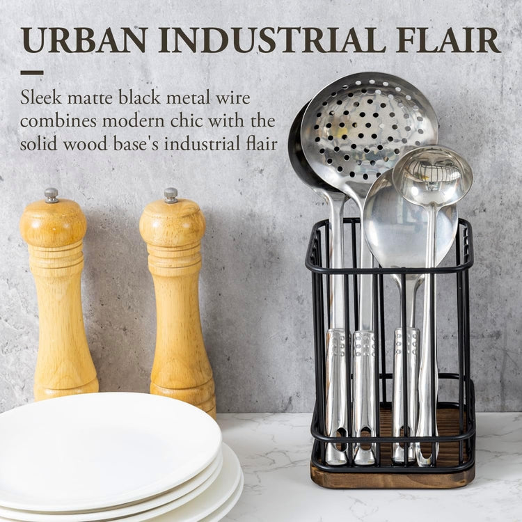 Matte Black Metal Wire Utensils Crock with Burnt Wood Base, Rounded Square Kitchen Countertop Cooking Tools Holder-MyGift