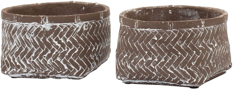 Set of 2, 6-Inch Brown Concrete Indoor Plant Pots with Rattan Design, Small Planters Succulent Cactus Container-MyGift