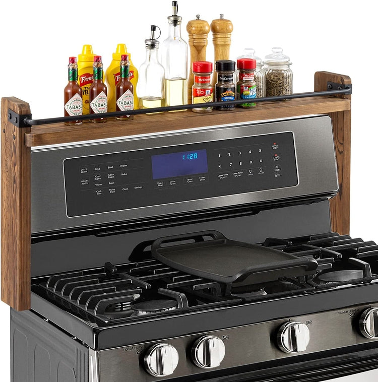 Stovetop Spice Rack, Burnt Wood and Industrial Black Metal Space Saving Over Stovetop Range Storage Display Shelf-MyGift