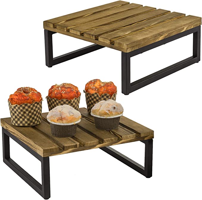 Rustic Slatted Wood Square Cake Stand with Industrial Matte Black Metal Legs, Set of 2-MyGift