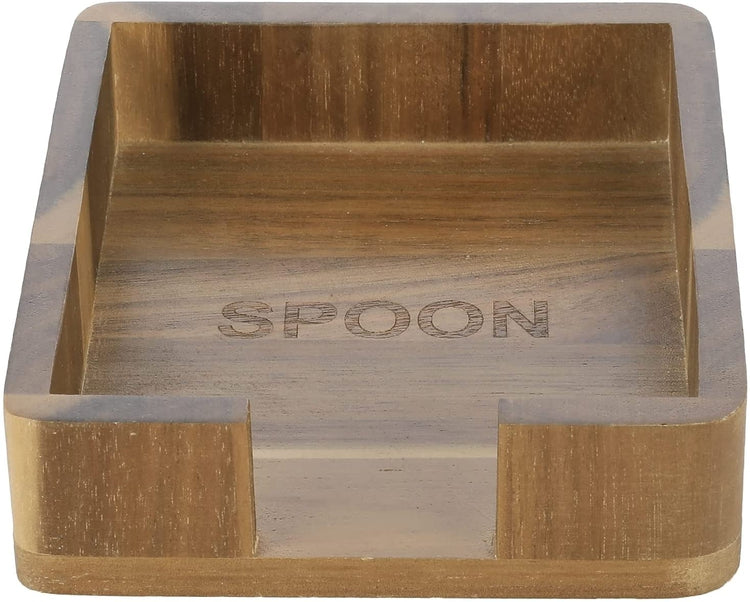 Acacia Wood Kitchen Spoon Rest, Cooking Utensil Holder for Countertop with Engraved SPOON Design Label-MyGift