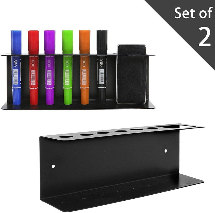 Set of 2, Wall Mountable Dry Erase Whiteboard Marker & Eraser Holder, Black Metal Organizer Tray-MyGift