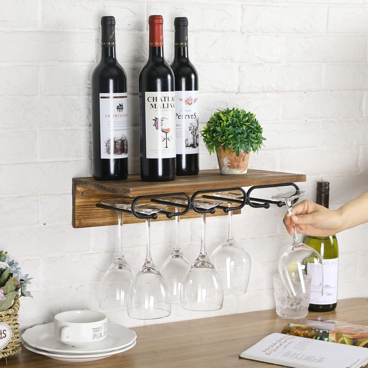 MyGift Countertop Wine Glass Stemware Holder Stand with Industrial Black Metal Double Racks and Wooden Base