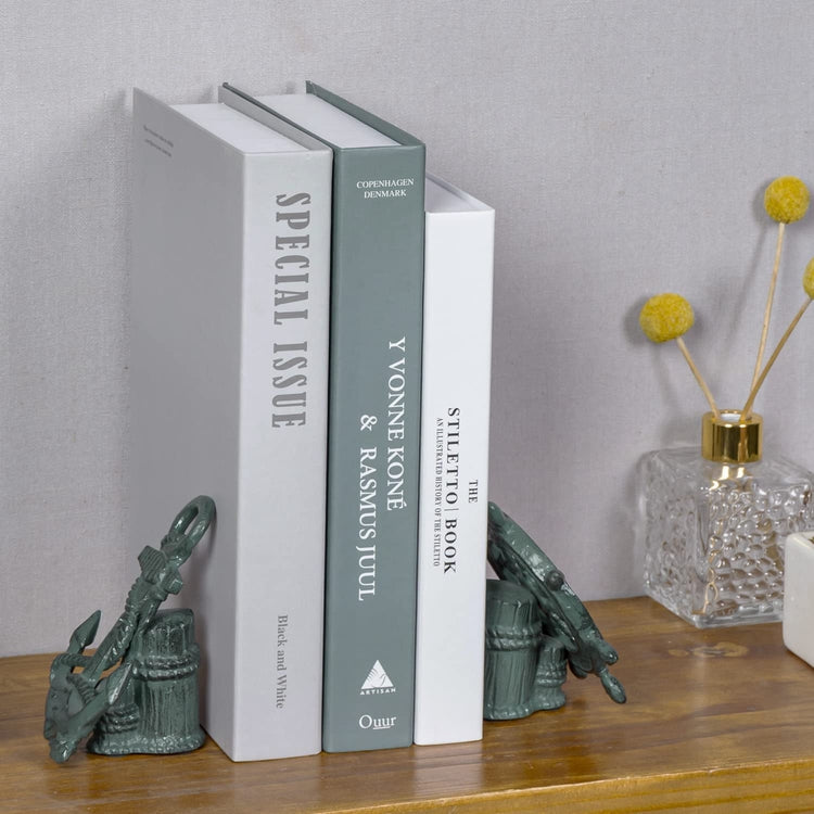 Teal Cast Iron Decorative Bookends with Nautical Sculptural Anchor and Helm Design, Heavy Duty Book Stand, 2 Piece Set-MyGift