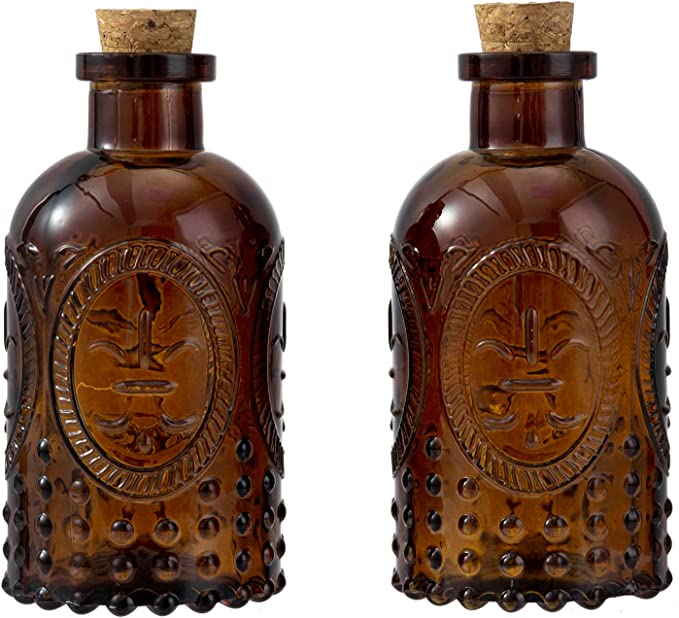 Set of 2 Amber Glass Diffuser Bottles with Cork Lid, Decorative Apothecary Embossed Flower Bud Vase-MyGift