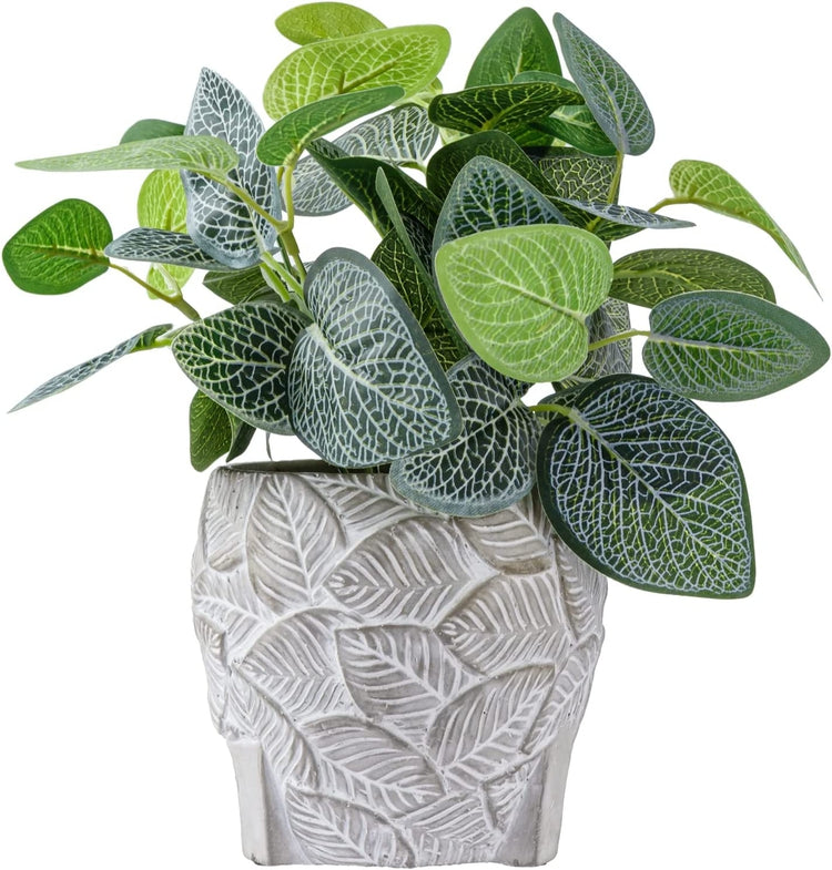 Indoor Artificial Plant, Fake House Plants in Decorative Embossed Leaf Pattern Planter Pot-MyGift