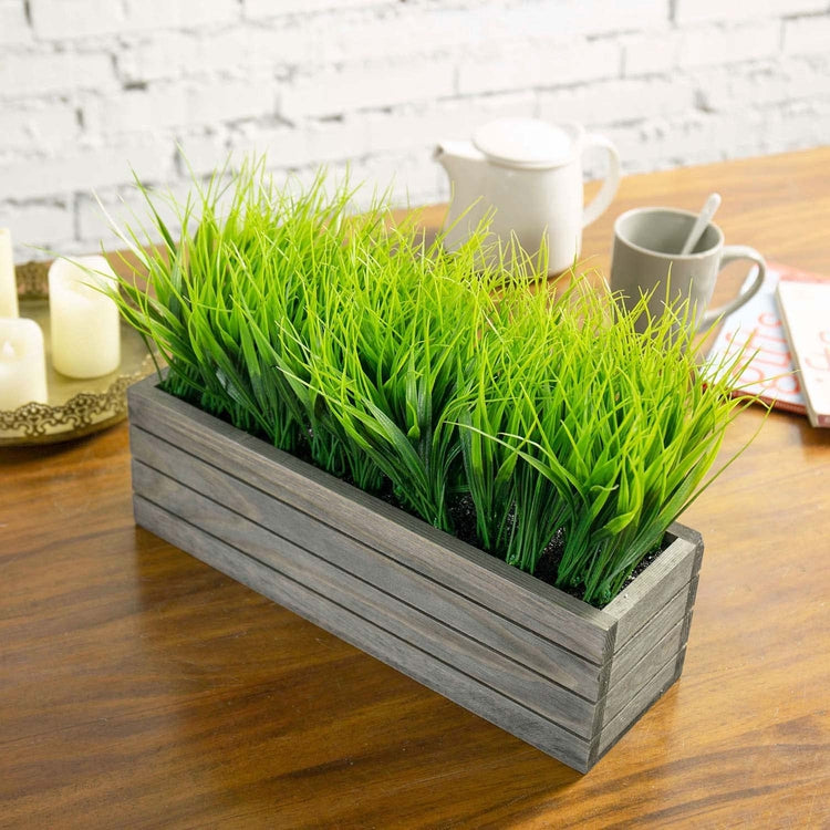 Artificial Faux Grass Plant in Vintage Gray Wood Rectangular Crate Style Planter Window Box-MyGift