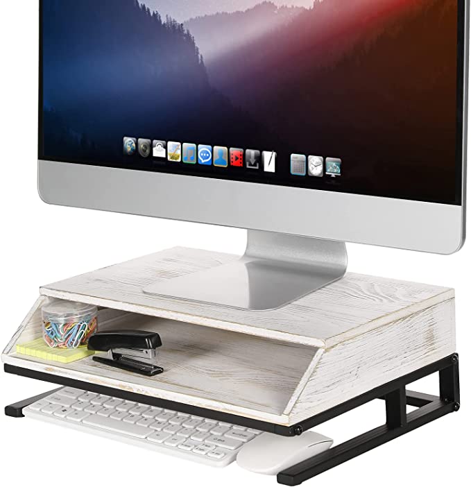 2 Tier Computer Monitor Riser, Whitewashed Wood and Black Metal Laptop Stand with Storage Shelf-MyGift