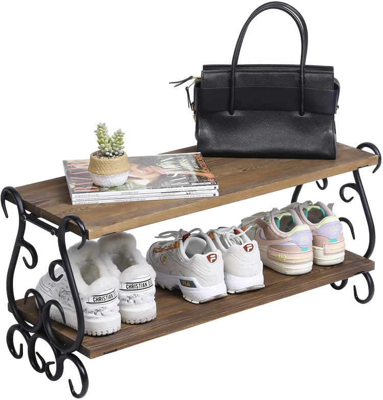 2 Tiered Shoe Rack, Vintage Metal Scrollwork and Burnt Wood Shoe Bench Shelves-MyGift