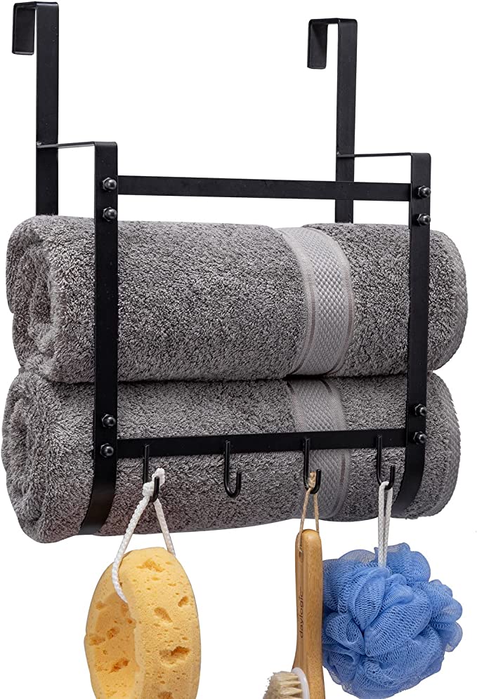 Black Metal Over The Door Rack, Bath Towel Hanging Storage Organizer with 4 Hooks-MyGift