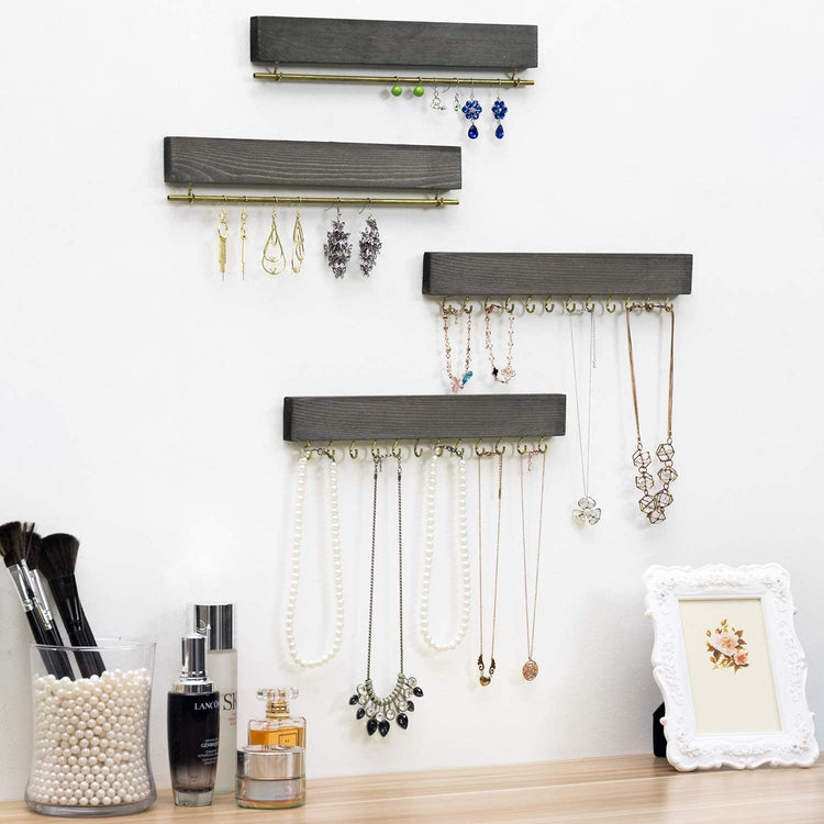 4-Piece Wall Mounted Rustic Gray Wooden Necklace, Bracelet & Earring Jewelry Accessories Storage Rack Set-MyGift