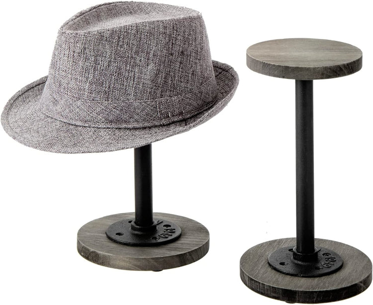 Set of 2, Weathered Gray Wood Hat Stand with Industrial Black Metal Pipe, Tabletop Wig Holder Rack Pedestal Riser-MyGift