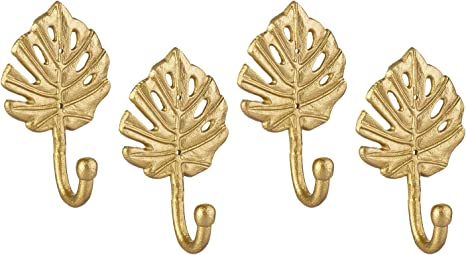 Vintage Gold Metal Wall Hanging Hooks with Leaf Design, Wall Mounted Entryway Coat Hooks, Set of 4-MyGift