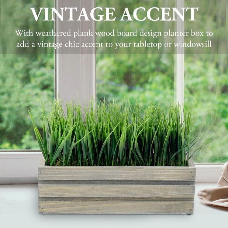 12 Inch Artificial Green Grass Plant in Vintage Gray Brown Solid Wood Planter Box, Rectangular Crate Style Container-MyGift