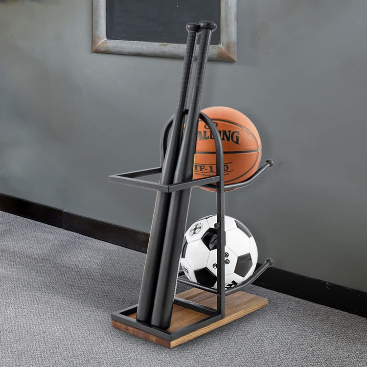 Burnt Wood and Black Metal Sports or Medicine Ball Rack, Freestanding Gym and Fitness Equipment Storage-MyGift