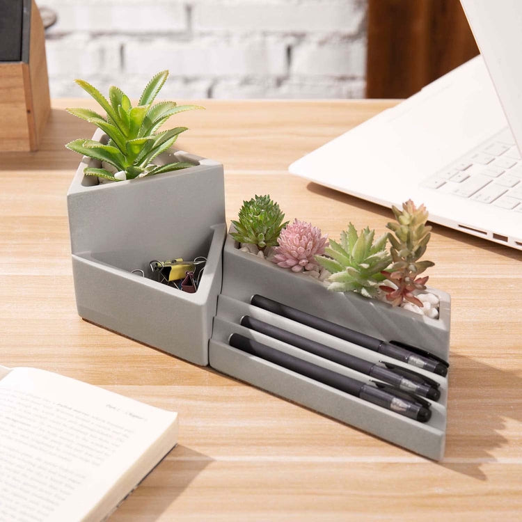 Gray Concrete Stationery Desk Tray, Pen Holder, and Mini Succulent Planter, 2 Piece Set-MyGift