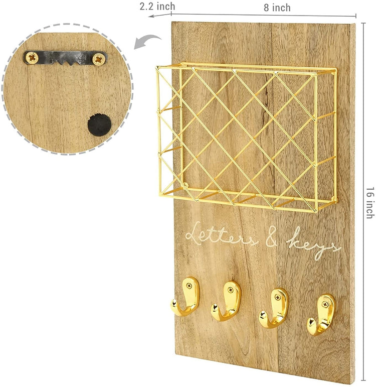 Key and Mail Holder for Wall, Natural Mango Wood and Brass Metal Entryway Organizer Hanging Rack with 4 Hooks-MyGift