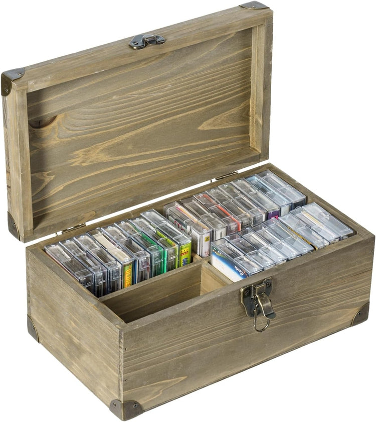 Gray Brown Wood Retro Audio Cassette Tape Storage Box with Brass Tone Metal Latch and Brackets, Holds up to 32 Tapes-MyGift