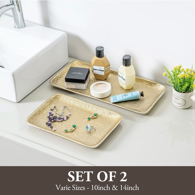 Brass Tone Metal Decorative Serving or Vanity Trays with Handcrafted Embossed Textured Linen Design-MyGift