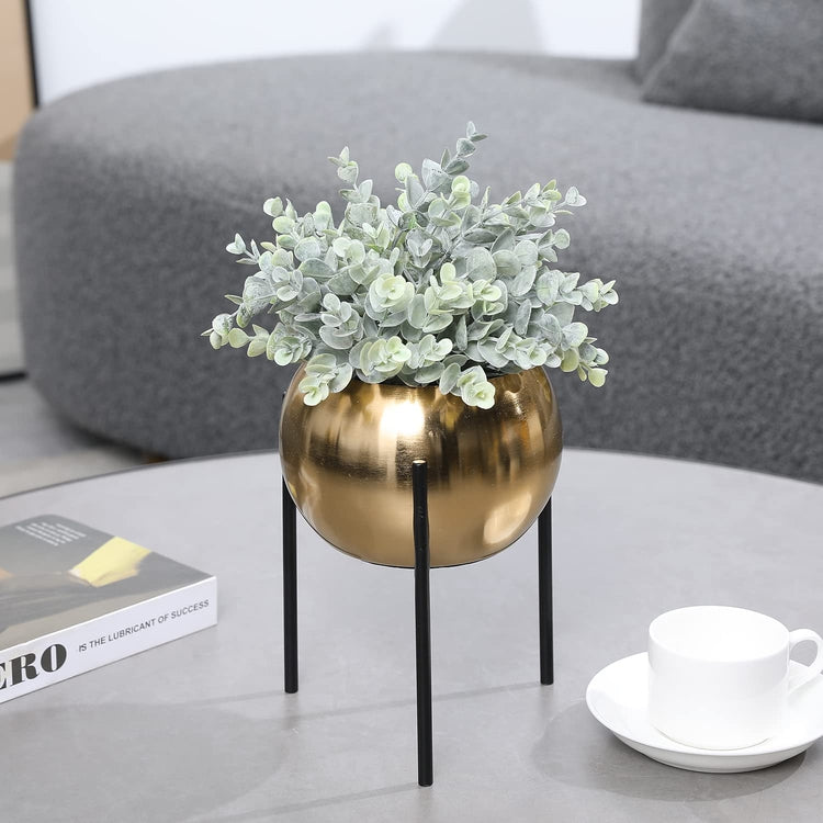 Brass Plated Metal Round Succulent Planter Pot with Black Metal Display Riser Stand-MyGift