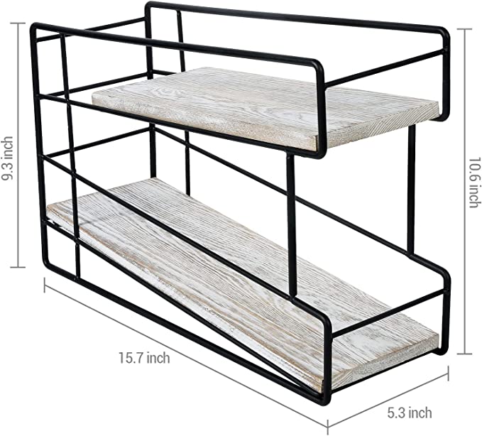 2 Tier Whitewashed Wood and Black Metal Wire Can Rack Organizer, 2-Tier Canned Food Dispenser Storage Organizer Rack-MyGift