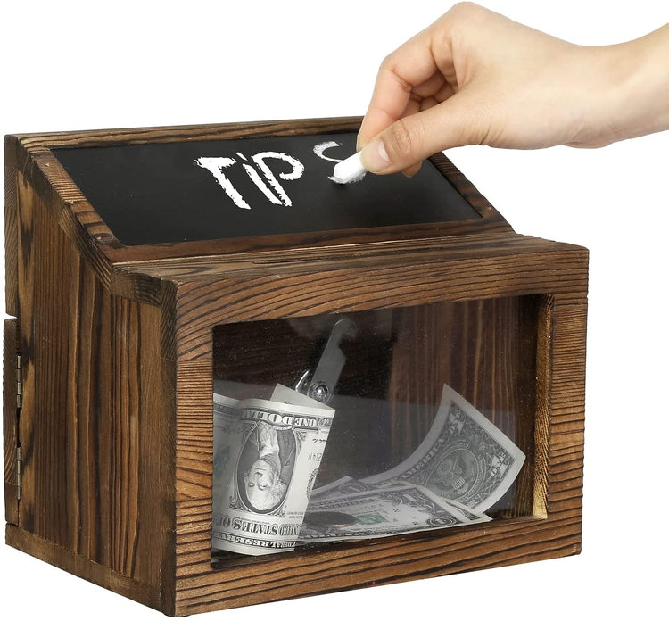Burnt Wood Donation, Ballot Box with Slot, Restaurant Tip Box, Comment Box with Clear Acrylic From Panel Chalkboard Sign-MyGift